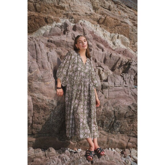 House of Sundar Maya Midi Dress Olive Women’s XS Green Boho Floral - Picture 2 of 8